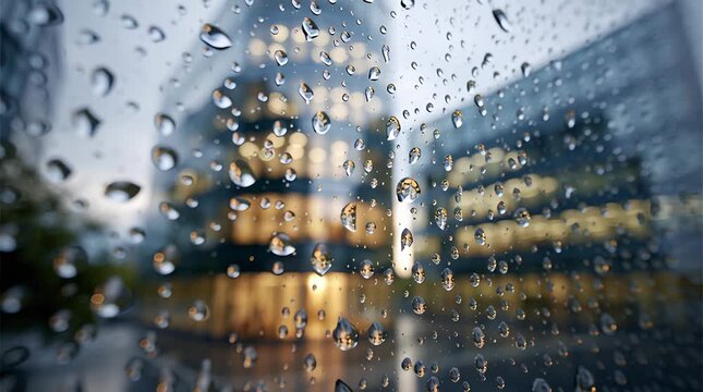 Regentropfen auf Glas mit unscharfer moderner Stadtarchitektur im Hintergrund