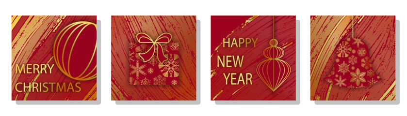 A set of Christmas and New Year card templates in luxurious red and gold tones. Vector
