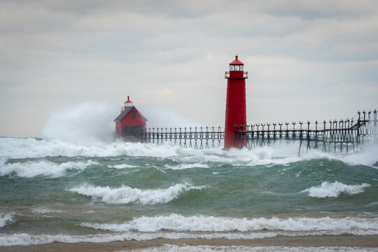 Grand Haven Beach Large Waves Crash on Lighthouse