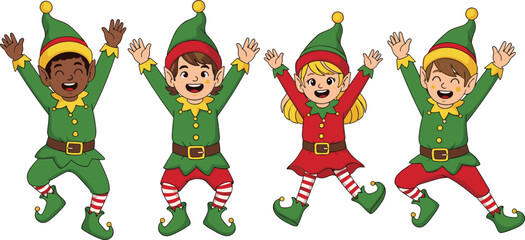 Happy Christmas elves cartoon characters jumping and cheering isolated on white background festive holiday illustration for kids design