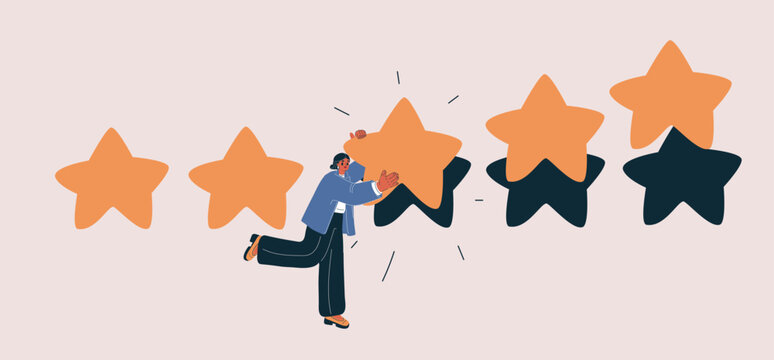 Cartoon vector illustration of a woman with a five-star rating, glowing with earned recognition
