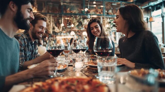 Friends gather at a cozy restaurant to share an enjoyable meal and laughter during a vibrant evening outing