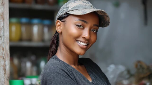 Female African shop attendant smiles warmly while serving customers in a bustling local store during a sunny afternoon in a vibrant neighborhood