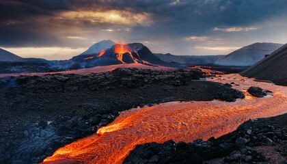 dramatic volcanic landscape with fiery rivers and ominous skies