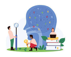 Therapy for speech pathology, learning, speaking disorders awareness. Tiny people search key for keyhole in patients brain, puzzle with chaos of letters inside human head cartoon vector illustration