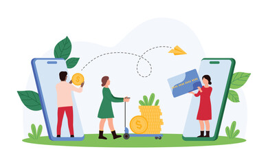 Money transfer and exchange online, bank payment with mobile app. Tiny people pay with electronic wallet and smartphone, characters holding credit card and dollar coin cartoon vector illustration