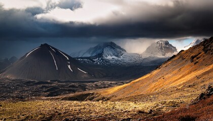 Fototapeta premium dramatic landscape of volcanic mountains under a stormy sky