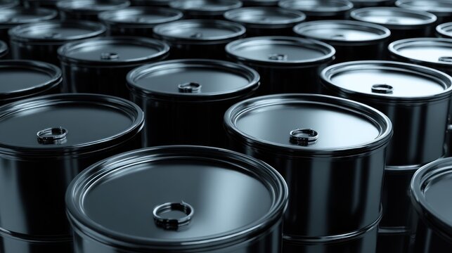 Industrial rows of black metal packaging drums with caps, manufacturing and petroleum production concept for business content