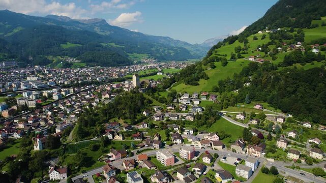 An aerial panorama view around the downtown of the city Sargans in Switzerland on a sunny summer day 