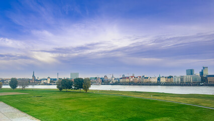 Dusseldorf City Skyline with Rhine River and Ferris Wheel Germany