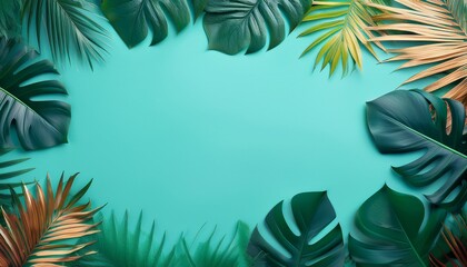 tropical foliage frame with vibrant green monstera leaves and colorful palm fronds on a turquoise backdrop creating a calming and exotic vibe