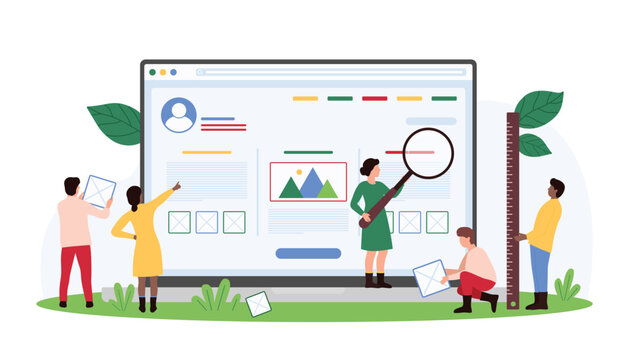 Website design or redesign process, creative interface creation. Tiny people work with magnifying glass and ruler to research and build web page wireframe in editor cartoon vector illustration