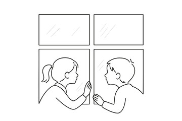 Children's Midnight Curiosity. Children peeking outside. Minimalistic one-line drawing children peeking