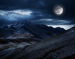 dramatic landscape of a volcanic mountain range under a moonlit stormy sky