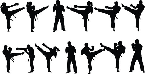 Martial arts karate silhouette set with fighters performing kicks punches and combat stances isolated on white background black sports vector illustration
