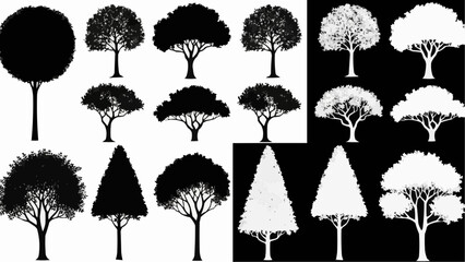 Collection of diverse tree silhouettes in black and white