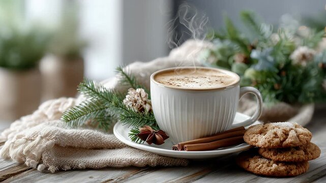Hei&szlig;er Kaffee mit Dampf in winterlicher Atmosph&auml;re auf hellem Tisch
