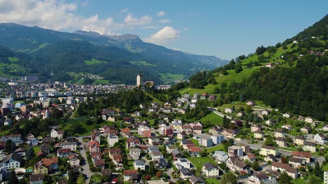 An aerial panorama view around the downtown of the city Sargans in Switzerland on a sunny summer day 