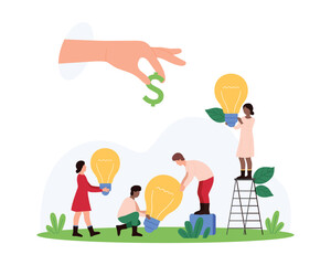 Sell new business ideas, success of startup investment deal. Giant hand of businessman giving money to tiny people with bright light bulbs, pay cash for innovation cartoon vector illustration