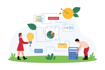 Business project development. Tiny people with light bulb and calculator work on digital charts and graphs in schedule for success achievement, plan effective strategy cartoon vector illustration