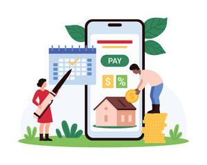 Monthly mortgage payment for family house, real estate loan plan. Tiny people check payday for property in calendar, pay for house with reminder on smartphone screen cartoon vector illustration