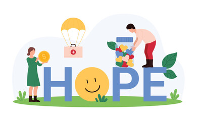 Charity, community assistance and support, human solidarity poster design. Tiny people share money and hearts to donation jar at Hope word, parachute giving first aid cartoon vector illustration