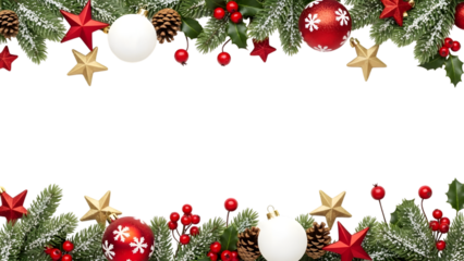 Christmas ornaments and greenery border frame with red and gold stars isolated on a transparent background