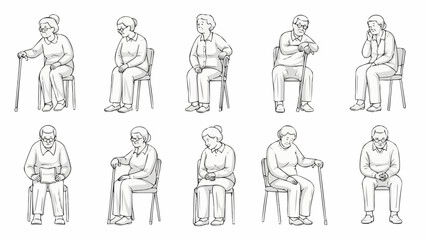 Elderly people sitting in various poses with and without canes