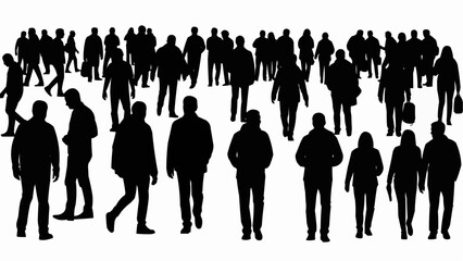 Large crowd of people walking in various directions in black silhouettes