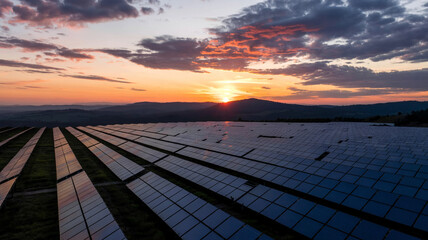 Shadows stretch across the solar panels as the sun sts behind the hills.