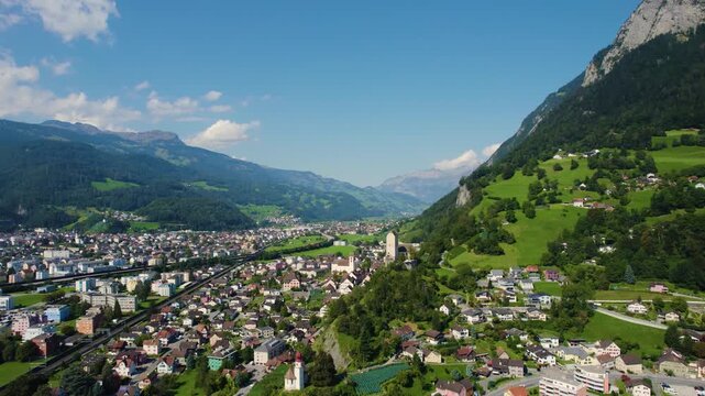 An aerial panorama view around the downtown of the city Sargans in Switzerland on a sunny summer day 