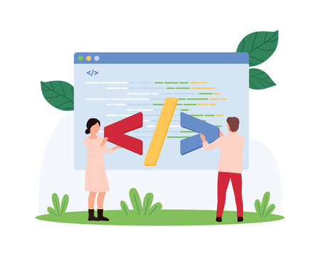 Program and software code development. Tiny people coding, programmers work with script on screen, developers and coders programming web browser code online in window cartoon vector illustration