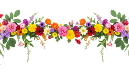 Colorful flowers and leaves on a stem isolated on a transparent background green