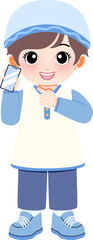 A smiling cartoon child in traditional attire happily using a mobile phone with a cheerful expression