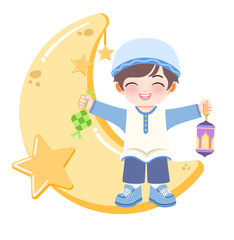 A young boy in traditional attire celebrates ramadan under the light of a crescent moon holding a lantern and a sprig of greenery