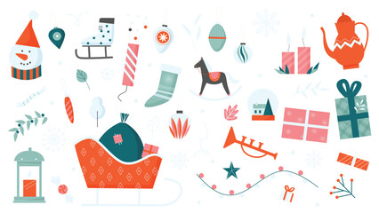 Christmas decoration vector illustration set. Cartoon xmas elements collection of sleigh with winter holiday gift box, socks, candle, garland and balls celebration decor for Christmas tree background