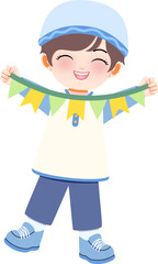 A young boy happily holding a colorful banner in an illustration