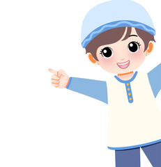 A young boy pointing forward with a cheerful expression wearing a blue cap and white shirt