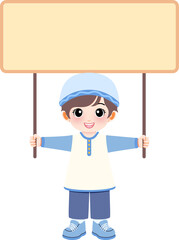 A young boy holding a signboard in his hands with a happy expression on his face