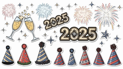 New Year's celebration elements with fireworks and party hats for 2025