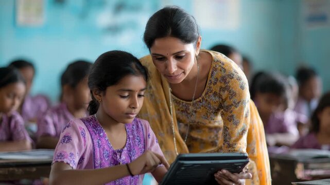 Indian female teacher assists student with learning on tablet in vibrant classroom setting during school hours