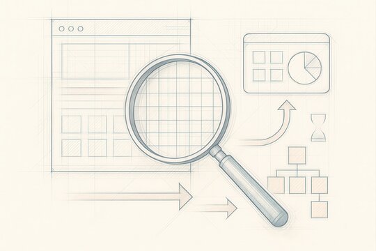 Analytical magnifying glass over digital blueprint illustrating data visualization concepts focusing on investigation efficiency with impulsive design elements
