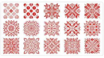Collection of fifteen red snowflake designs on white background