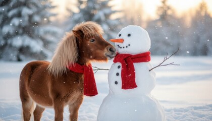 Small brown pony and happy snowman wearing matching red scarves stand together in snowy field during winter