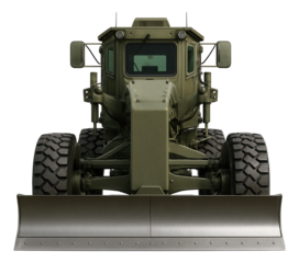 Armored grader featuring adjustable blade and articulated steering.