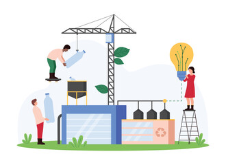 Automation of plastic bottle recycling, creative idea to reuse material. Tiny people and construction crane load plastic waste into funnel with connection to light bulb cartoon vector illustration
