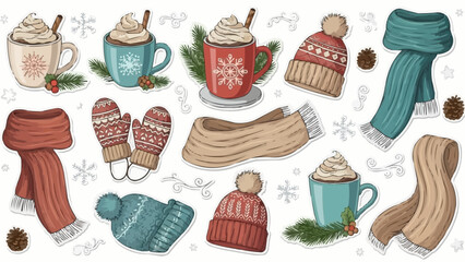 Cozy winter clothing and hot beverages set with snowflakes