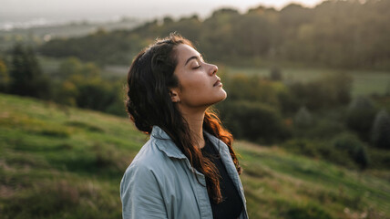 The woman takes a deep breath