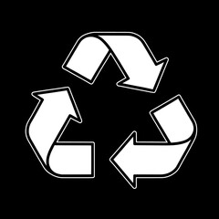 White recycling symbol on a clean black background, isolated eco-friendly