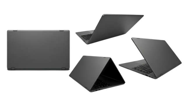 Four gray laptops in different positions isolated on a transparent background computer technology electronic - Powered by Adobe